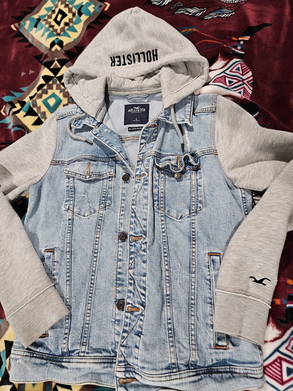 Hollister Girls' Light Wash Denim Jacket with Gray Hoodie Sleeves